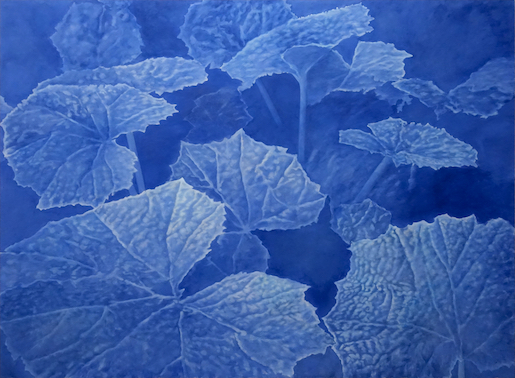 Franz Gertsch, Blaue Pestwurz, 2021, Eitempera auf ungrundierter Baumwolle, 250 x 340 cm - Besitz des Künstlers © Franz Gertsch - Foto: Dominique Uldry